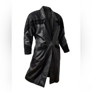 Vintage Springwest Women's Full Length Black Leather Trench Coat Size L P2P 23”